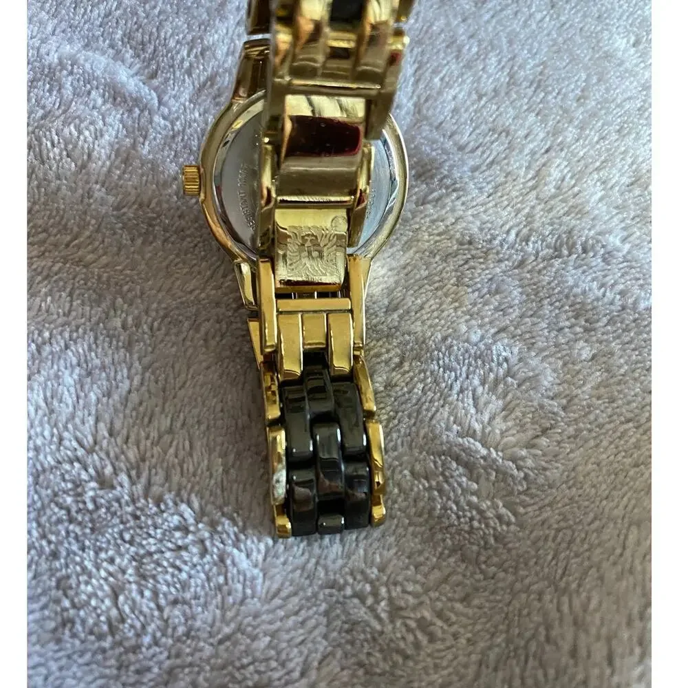 Anne Klein 10/9456 Two-Tone Gold & Black Ceramic Watch with Swarovski Crystals